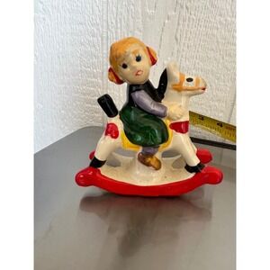 Vintage Girl on Rocking Horse Ceramic Figurine Small Collectible Decor